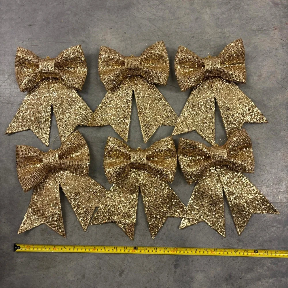 Set of 6 Gold Glitter Christmas Bow Ornaments 9